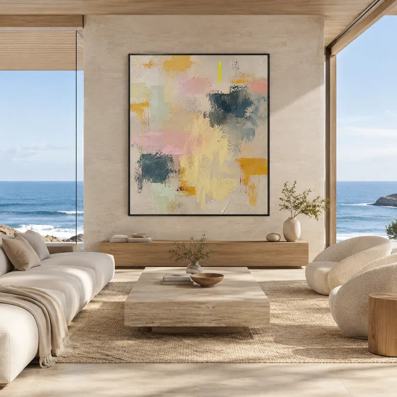Plaster & Texture abstract oil painting showing layered abstract marks, texture and expressive painterly movement in a beige palette.