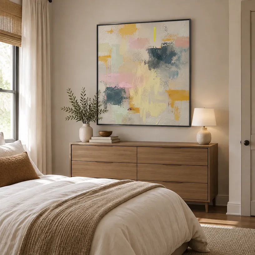 Plaster & Texture abstract oil painting showing layered abstract marks, texture and expressive painterly movement in a beige palette.