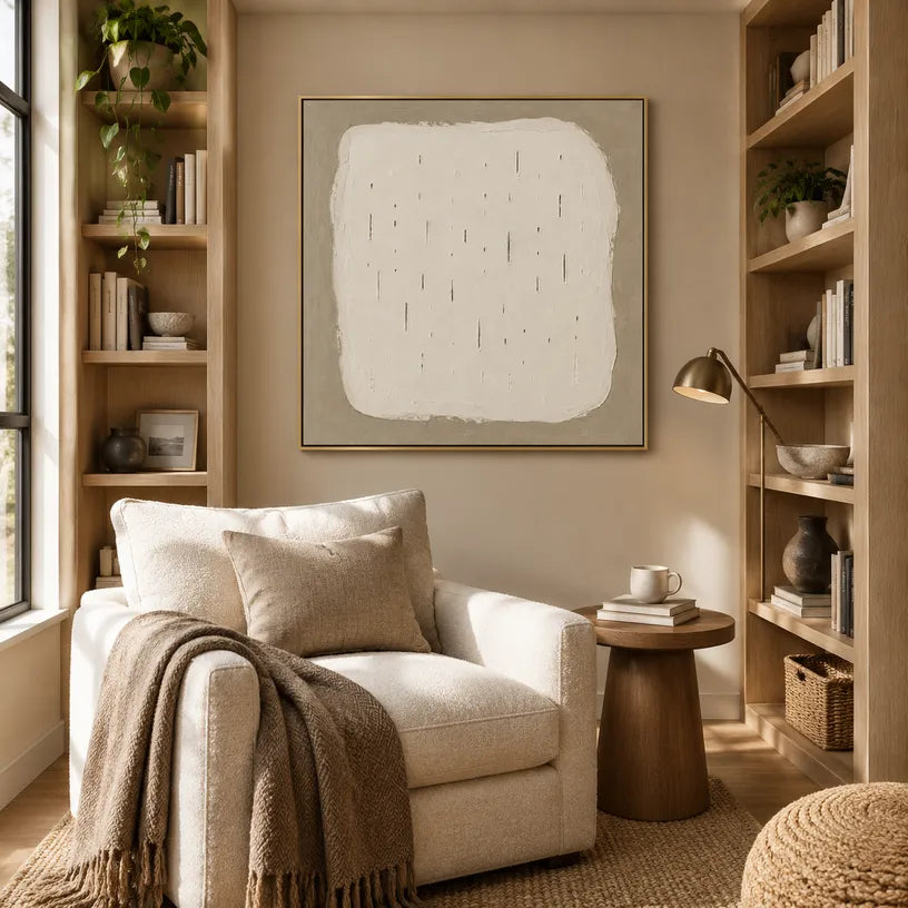 Plaster & Texture abstract oil painting showing layered abstract marks, texture and expressive painterly movement in a beige palette.