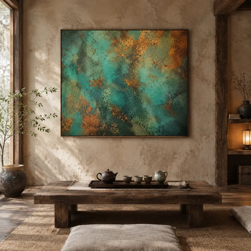 Plaster & Texture abstract oil painting showing layered abstract marks, texture and expressive painterly movement in a green palette.