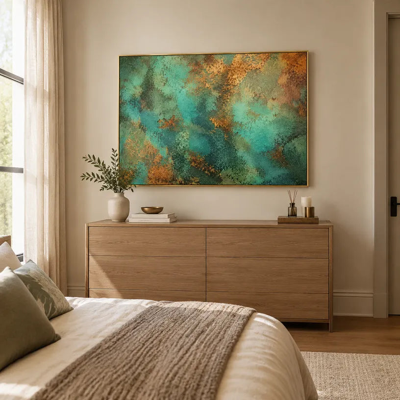 Plaster & Texture abstract oil painting showing layered abstract marks, texture and expressive painterly movement in a green palette.