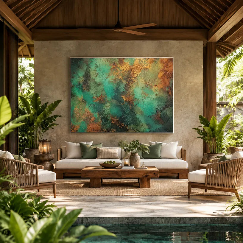 Plaster & Texture abstract oil painting showing layered abstract marks, texture and expressive painterly movement in a green palette.