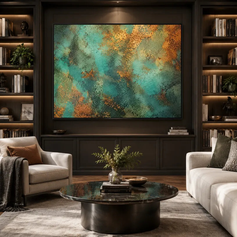 Plaster & Texture abstract oil painting showing layered abstract marks, texture and expressive painterly movement in a green palette.