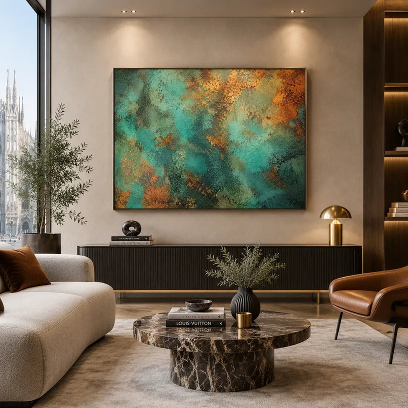 Plaster & Texture abstract oil painting showing layered abstract marks, texture and expressive painterly movement in a green palette.