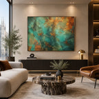 Plaster & Texture abstract oil painting showing layered abstract marks, texture and expressive painterly movement in a green palette.