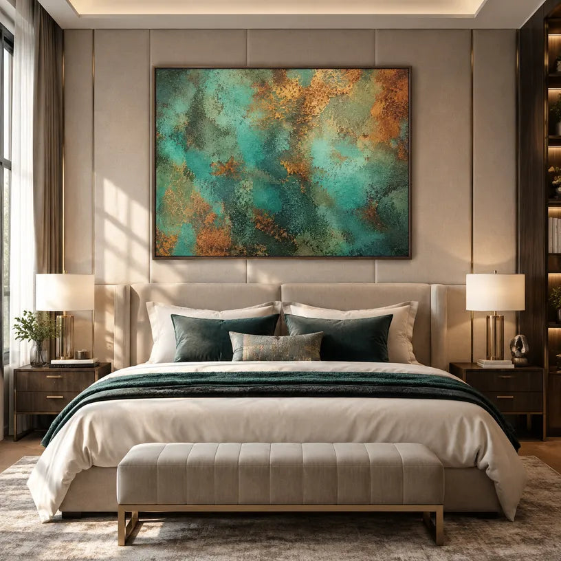 Plaster & Texture abstract oil painting showing layered abstract marks, texture and expressive painterly movement in a green palette.