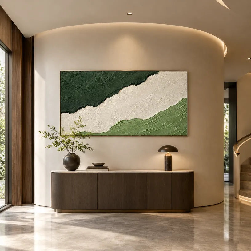 Plaster & Texture abstract oil painting showing layered abstract marks, texture and expressive painterly movement in a green palette.