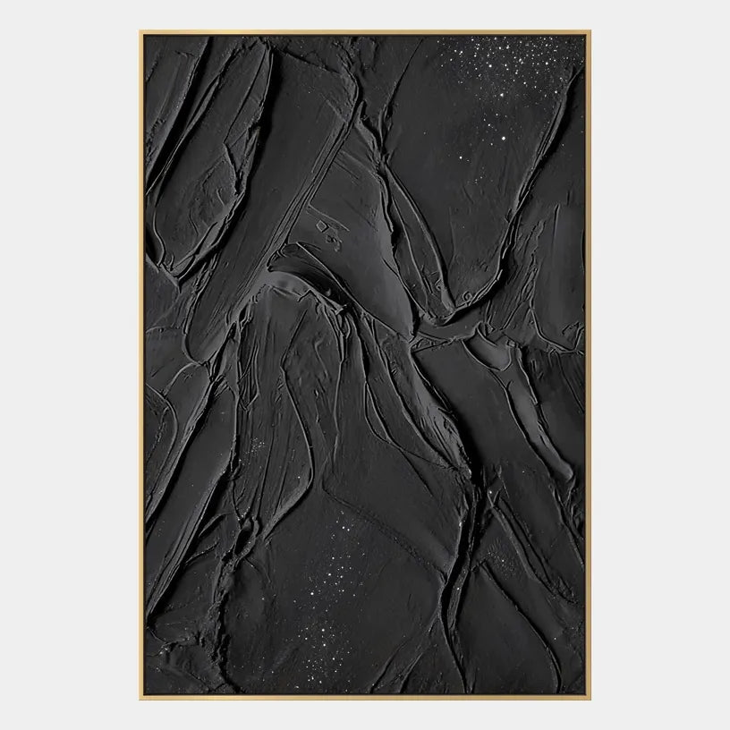 Plaster & Texture abstract oil painting showing layered abstract marks, texture and expressive painterly movement in a black palette.