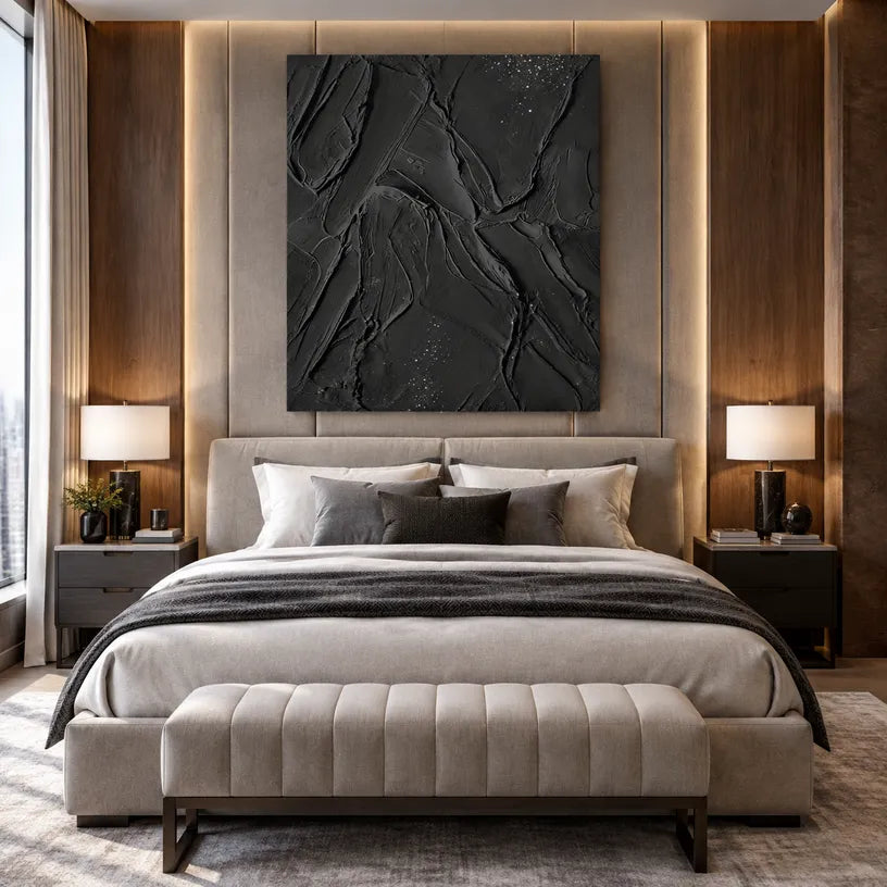 Plaster & Texture abstract oil painting showing layered abstract marks, texture and expressive painterly movement in a black palette.