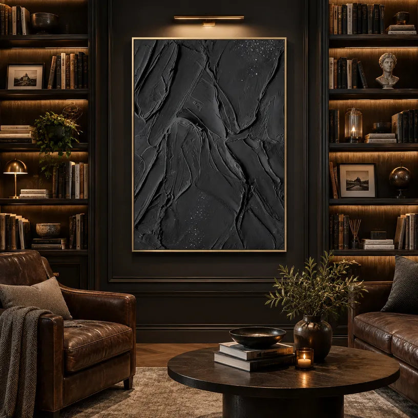 Plaster & Texture abstract oil painting showing layered abstract marks, texture and expressive painterly movement in a black palette.