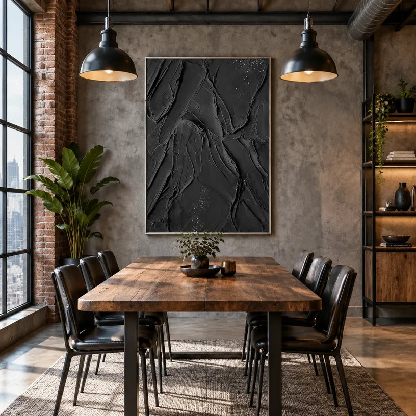 Plaster & Texture abstract oil painting showing layered abstract marks, texture and expressive painterly movement in a black palette.