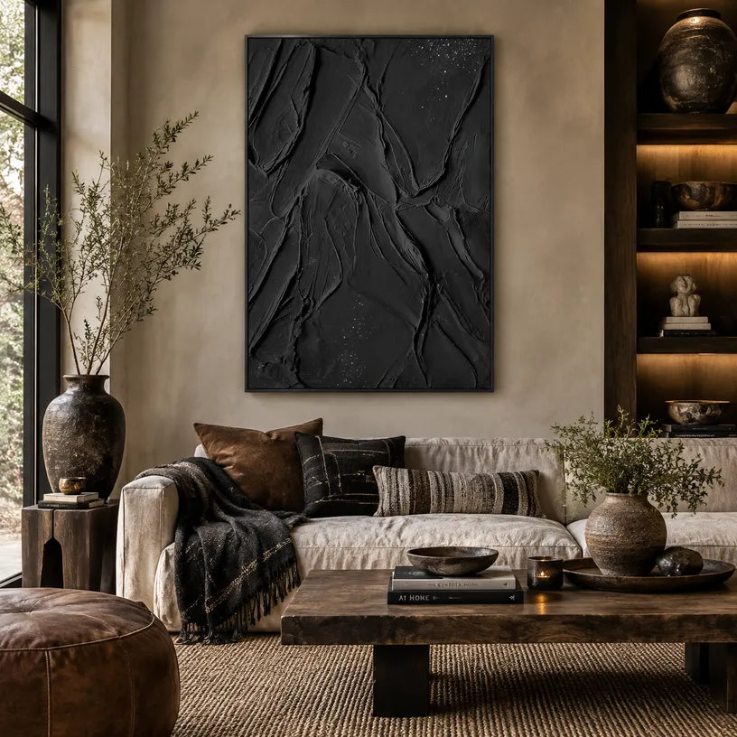 Plaster & Texture abstract oil painting showing layered abstract marks, texture and expressive painterly movement in a black palette.