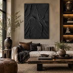 Plaster & Texture abstract oil painting showing layered abstract marks, texture and expressive painterly movement in a black palette.