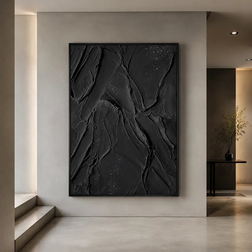 Plaster & Texture abstract oil painting showing layered abstract marks, texture and expressive painterly movement in a black palette.