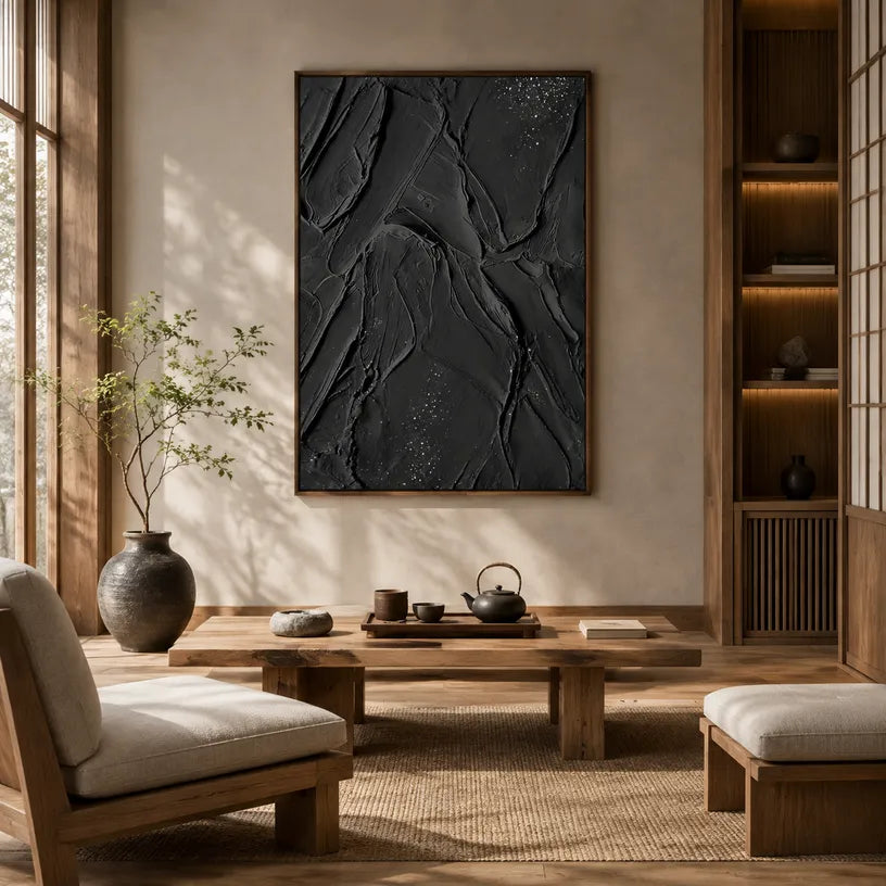 Plaster & Texture abstract oil painting showing layered abstract marks, texture and expressive painterly movement in a black palette.