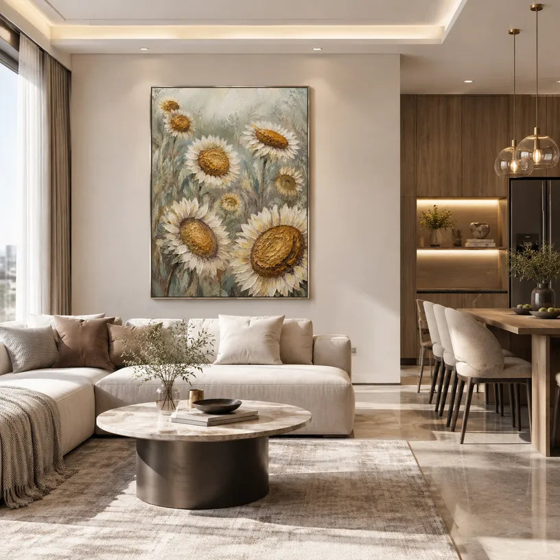Plaster & Texture floral/botanicals & nature oil painting showing botanical forms, flowers or trees arranged in a calm painterly composition in a yellow palette.
