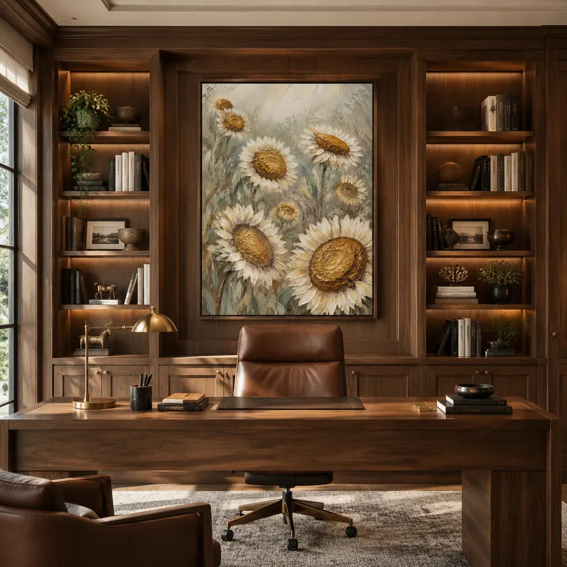 Plaster & Texture floral/botanicals & nature oil painting showing botanical forms, flowers or trees arranged in a calm painterly composition in a yellow palette.