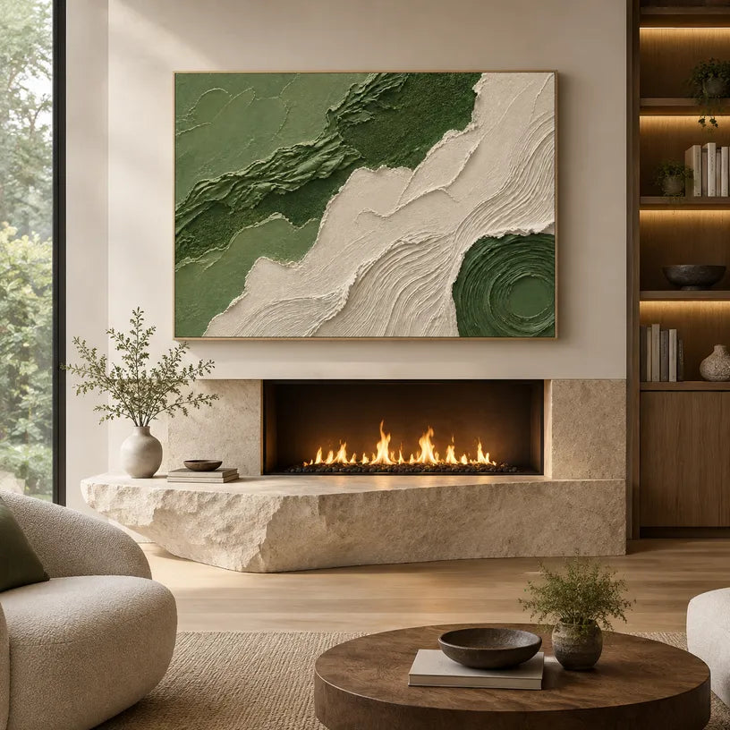 Plaster & Texture abstract oil painting showing layered abstract marks, texture and expressive painterly movement in a green palette.