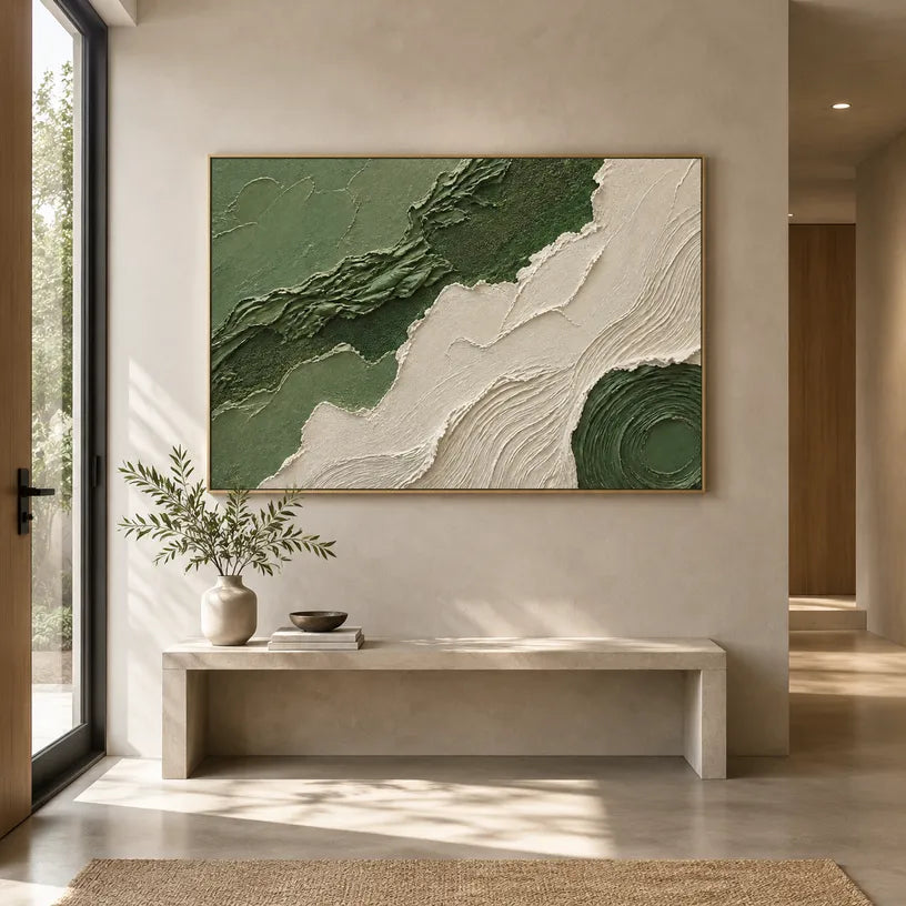 Plaster & Texture abstract oil painting showing layered abstract marks, texture and expressive painterly movement in a green palette.