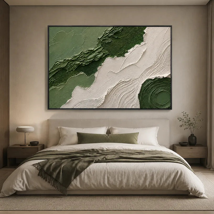 Plaster & Texture abstract oil painting showing layered abstract marks, texture and expressive painterly movement in a green palette.
