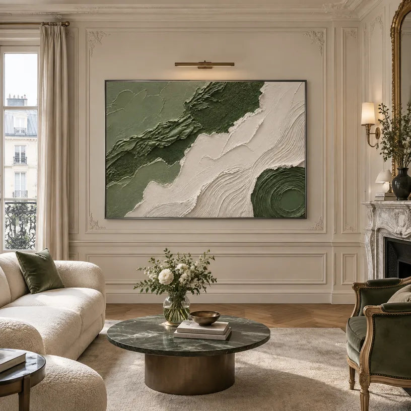 Plaster & Texture abstract oil painting showing layered abstract marks, texture and expressive painterly movement in a green palette.