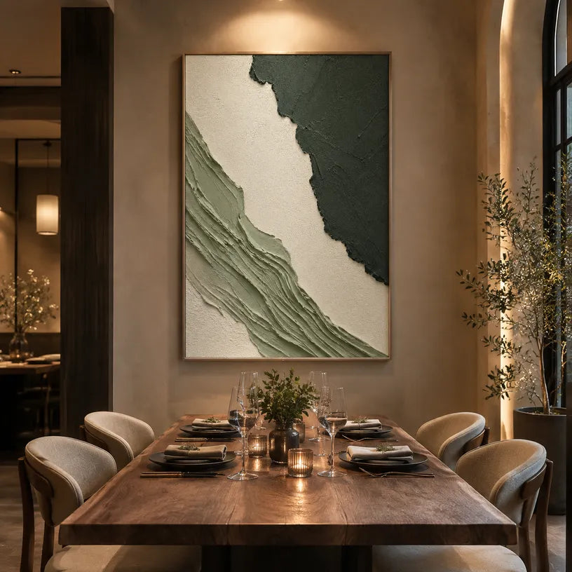 Plaster & Texture abstract oil painting showing layered abstract marks, texture and expressive painterly movement in a green palette.