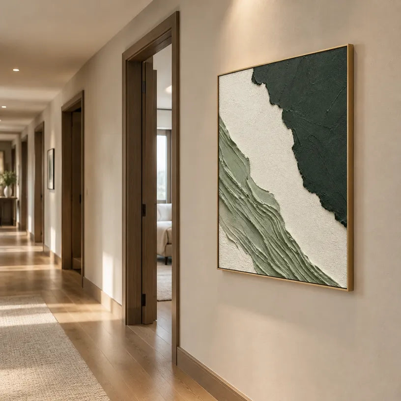 Plaster & Texture abstract oil painting showing layered abstract marks, texture and expressive painterly movement in a green palette.