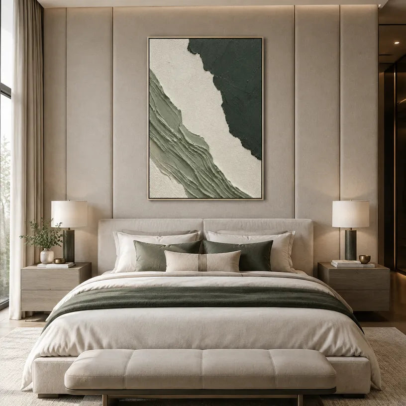 Plaster & Texture abstract oil painting showing layered abstract marks, texture and expressive painterly movement in a green palette.
