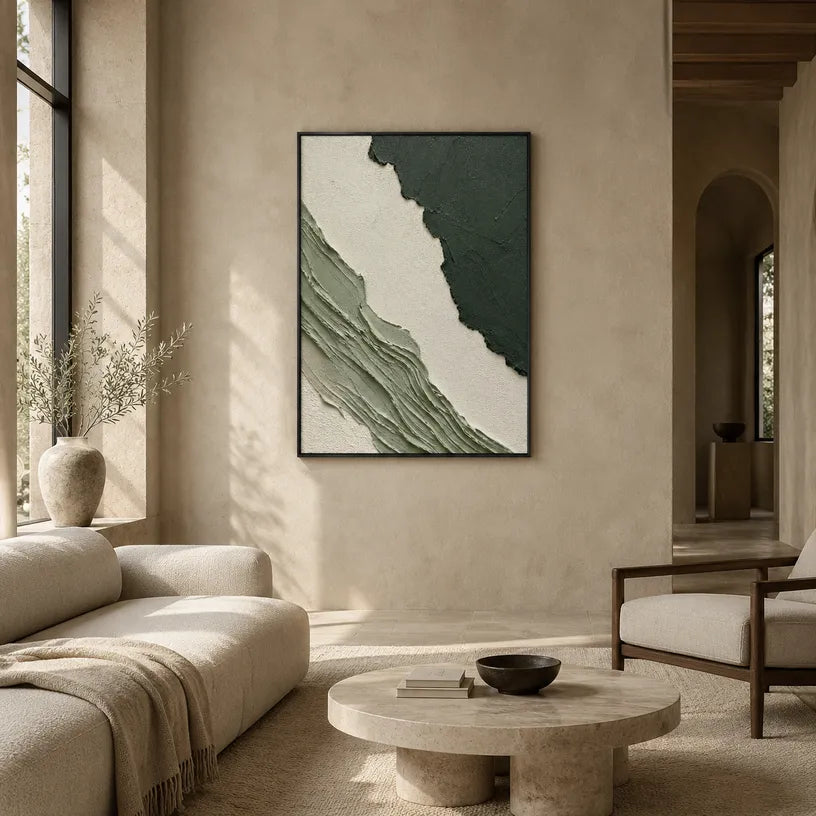 Plaster & Texture abstract oil painting showing layered abstract marks, texture and expressive painterly movement in a green palette.