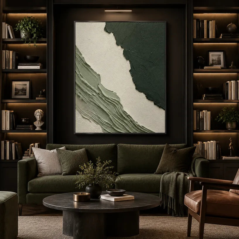 Plaster & Texture abstract oil painting showing layered abstract marks, texture and expressive painterly movement in a green palette.
