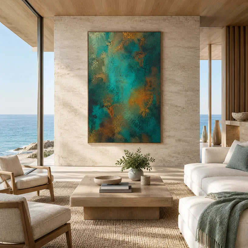 Plaster & Texture abstract oil painting showing layered abstract marks, texture and expressive painterly movement in a green palette.