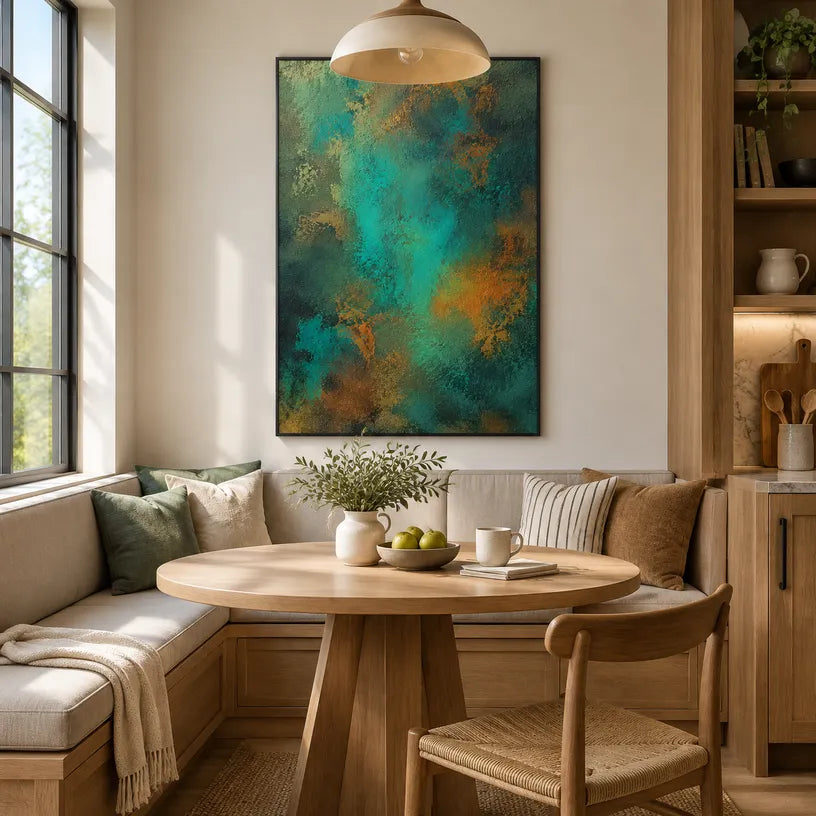 Plaster & Texture abstract oil painting showing layered abstract marks, texture and expressive painterly movement in a green palette.