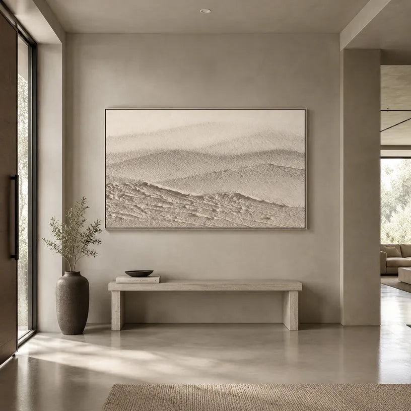 Plaster & Texture abstract oil painting showing layered abstract marks, texture and expressive painterly movement in a beige palette.