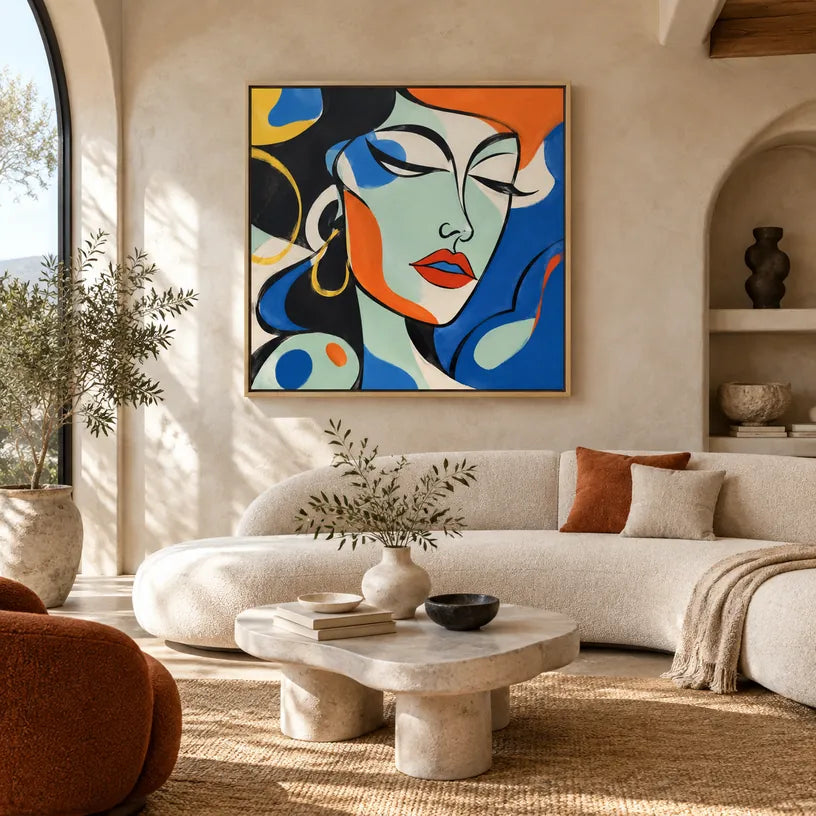 Peinture à l'huile de portraits et de figures pop représentant une figure ou un portrait expressif rendu avec des détails picturaux dans une palette bleue.