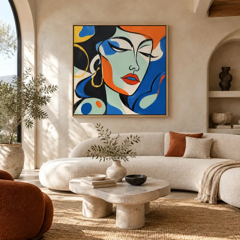 Retrato pop y pintura al óleo de figuras que presentan una figura o un retrato expresivo representado con detalles pictóricos en una paleta azul.