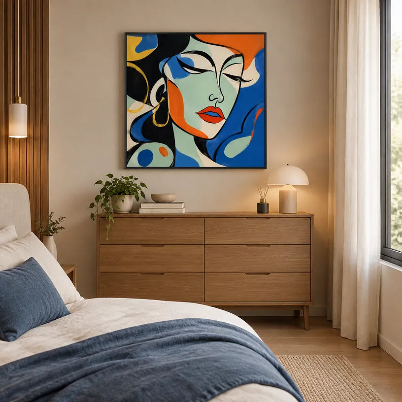 Retrato pop y pintura al óleo de figuras que presentan una figura o un retrato expresivo representado con detalles pictóricos en una paleta azul.