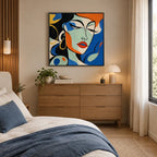 Retrato pop y pintura al óleo de figuras que presentan una figura o un retrato expresivo representado con detalles pictóricos en una paleta azul.
