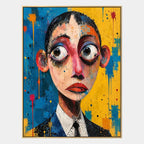 Peinture à l'huile de portraits et de figures pop représentant une figure ou un portrait expressif rendu avec des détails picturaux dans une palette bleue.