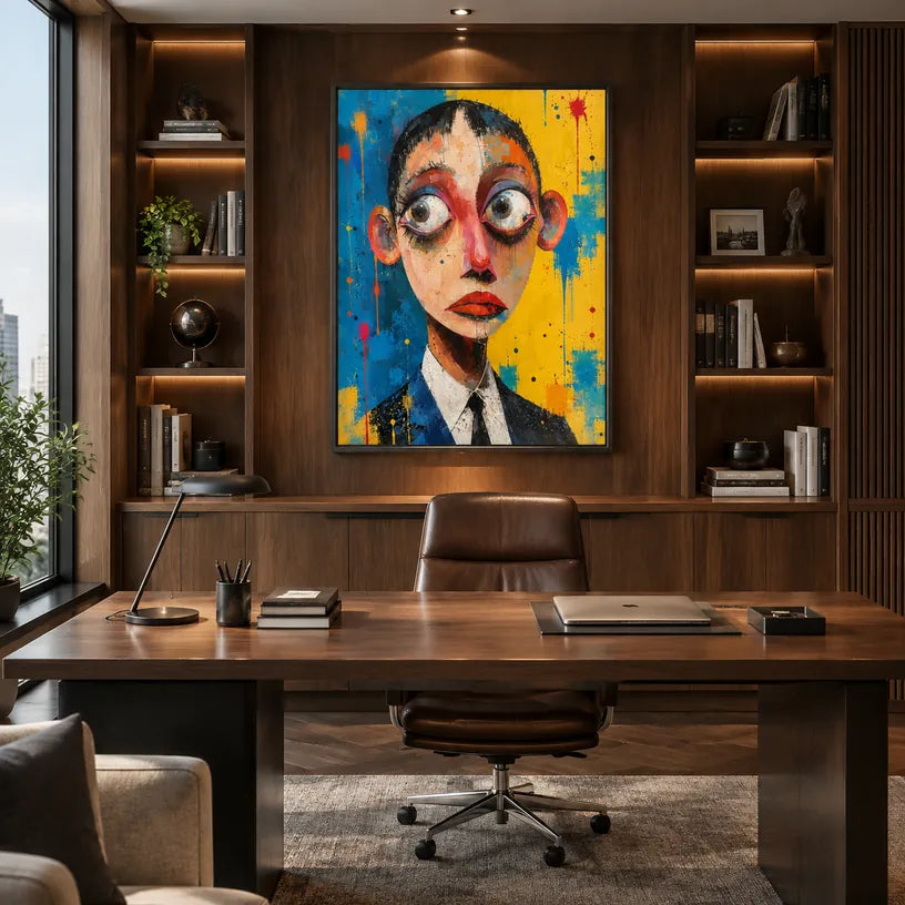 Retrato pop y pintura al óleo de figuras que presentan una figura o un retrato expresivo representado con detalles pictóricos en una paleta azul.