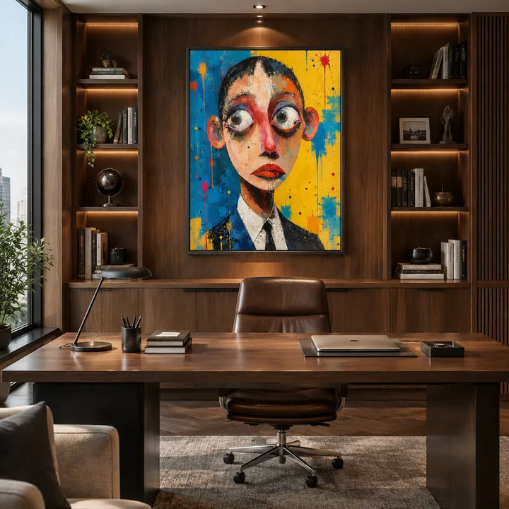 Ritrattistica pop e pittura a olio con figure espressive o ritratti resi con dettagli pittorici in una tavolozza blu.