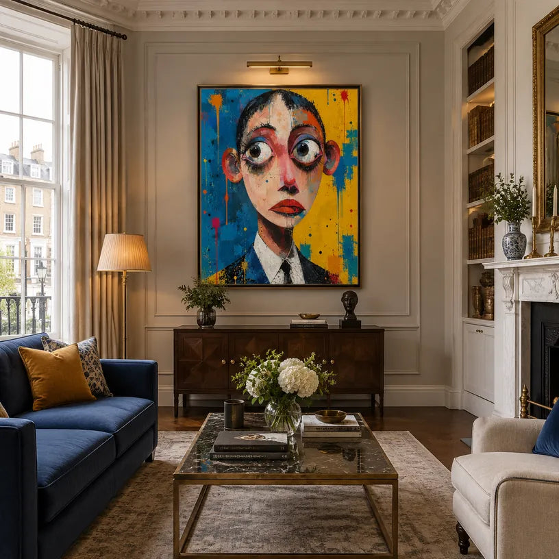 Peinture à l'huile de portraits et de figures pop représentant une figure ou un portrait expressif rendu avec des détails picturaux dans une palette bleue.