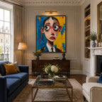 Peinture à l'huile de portraits et de figures pop représentant une figure ou un portrait expressif rendu avec des détails picturaux dans une palette bleue.