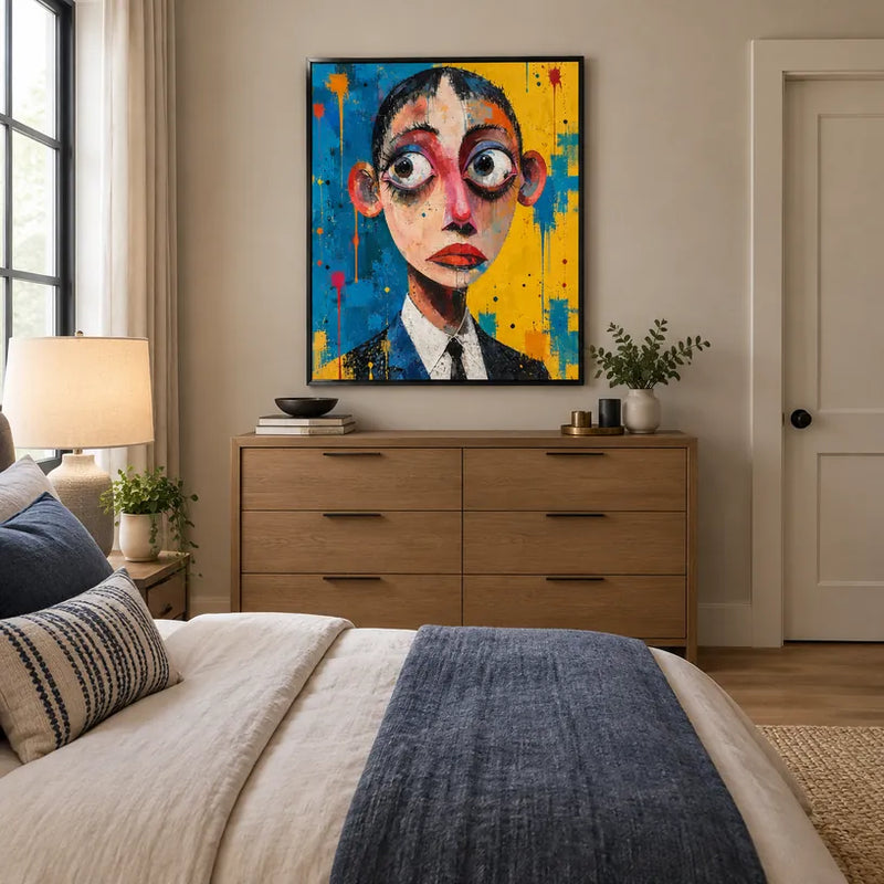 Peinture à l'huile de portraits et de figures pop représentant une figure ou un portrait expressif rendu avec des détails picturaux dans une palette bleue.