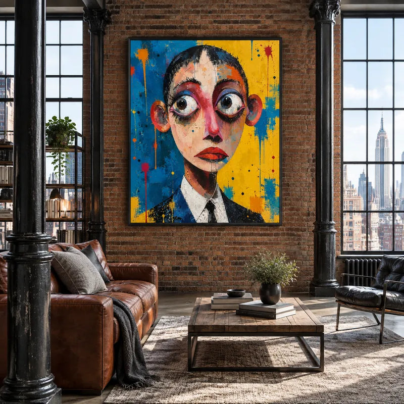 Peinture à l'huile de portraits et de figures pop représentant une figure ou un portrait expressif rendu avec des détails picturaux dans une palette bleue.
