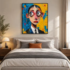 Peinture à l'huile de portraits et de figures pop représentant une figure ou un portrait expressif rendu avec des détails picturaux dans une palette bleue.