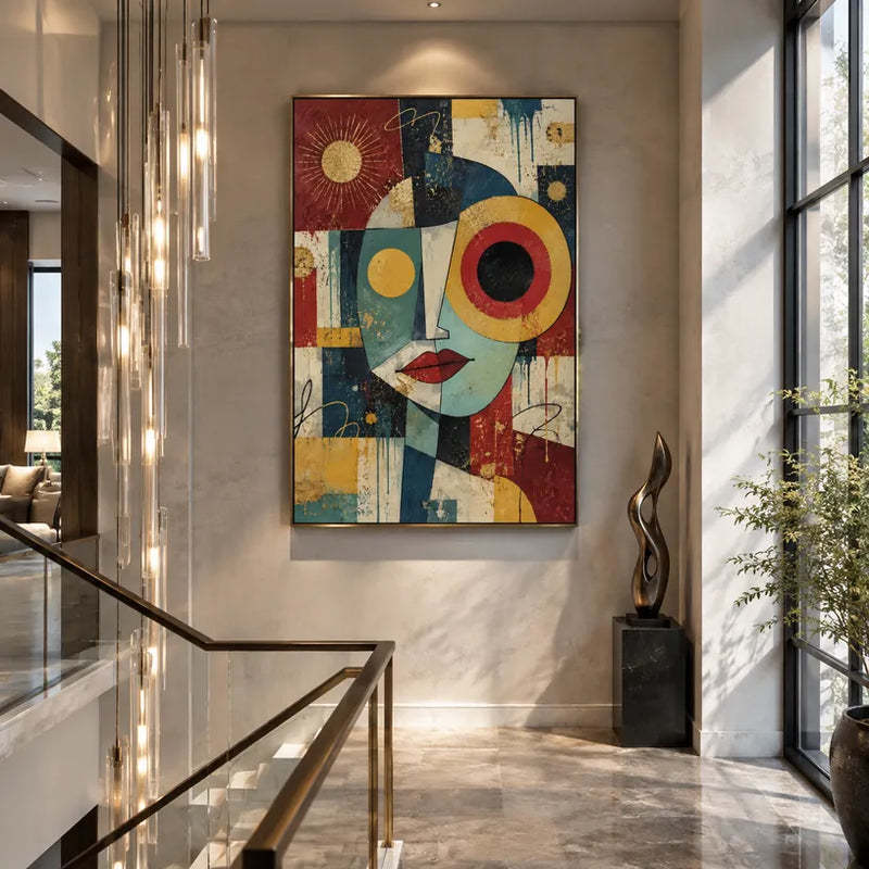 Pittura a olio pop astratta e concettuale con segni astratti stratificati, consistenza e movimento pittorico espressivo.