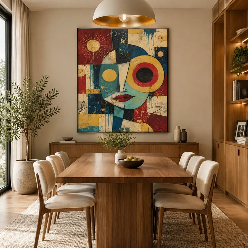 Pittura a olio pop astratta e concettuale con segni astratti stratificati, consistenza e movimento pittorico espressivo.