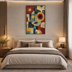 Pittura a olio pop astratta e concettuale con segni astratti stratificati, consistenza e movimento pittorico espressivo.