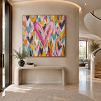 Pintura al óleo pop abstracta y conceptual que presenta marcas abstractas en capas, textura y movimiento pictórico expresivo.