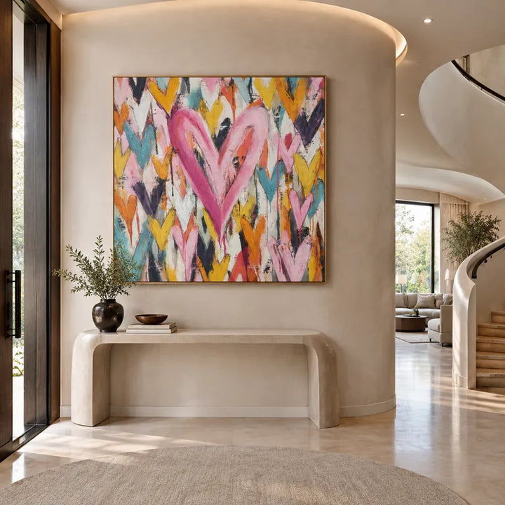 Pittura a olio pop astratta e concettuale con segni astratti stratificati, consistenza e movimento pittorico espressivo.